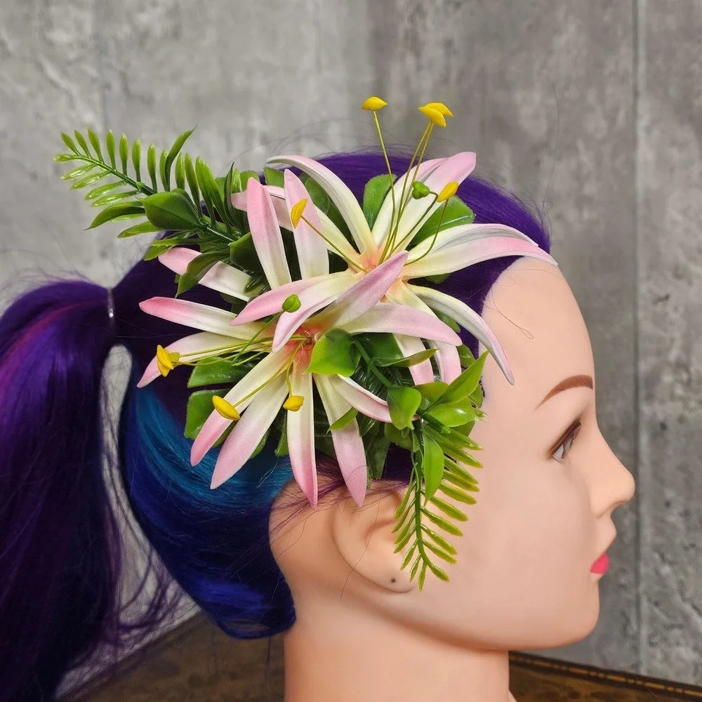 Handmade‎ Pink White Lily Hair Flower Clip Tiki Rockabilly Pinup Hawaiian